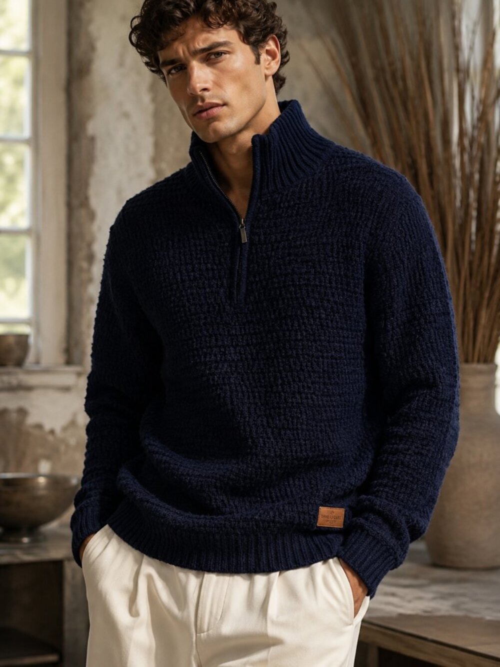 Threadbare Vintage Threads Navy Quarter Zip Waffle Knit Wool Blend Sweater L